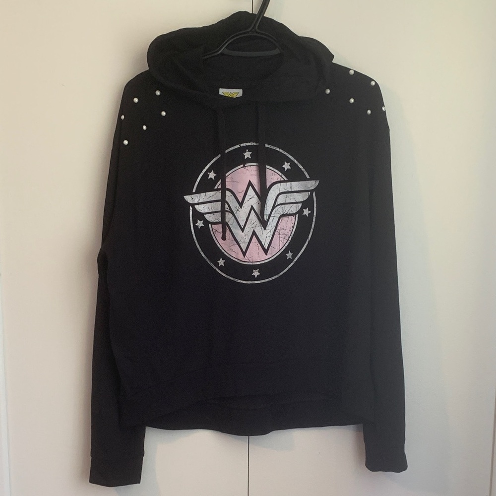 Wonder Woman Black Long Sleeve Pearl Embellishments Cotton Hoodie Size Large